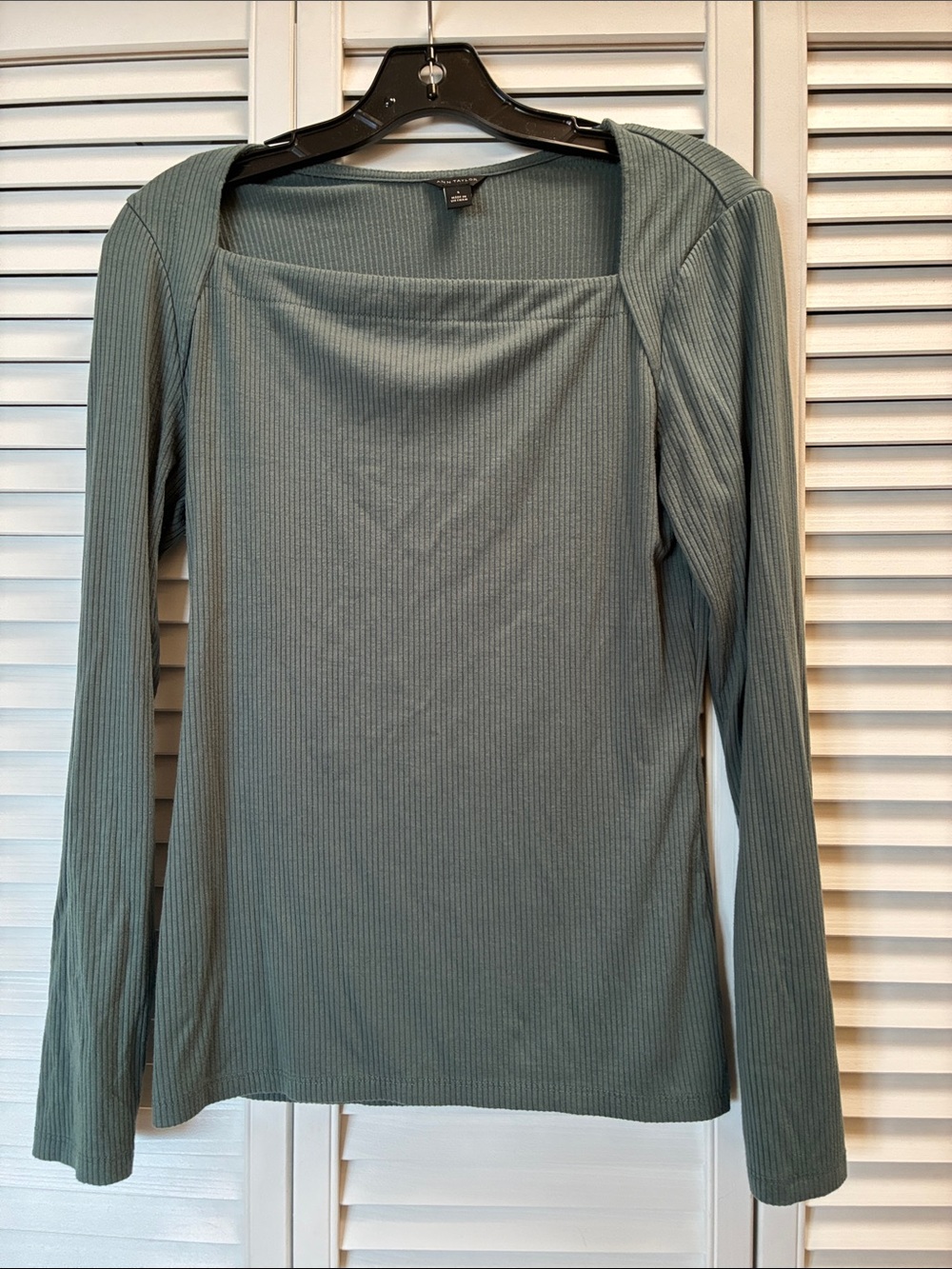 Ann Taylor Ribbed Square-Neck Long Sleeve Top - Sage Green